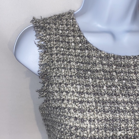 J. Crew Metallic and White Knit Tweed Fringe Velvet Trim Sheath Dress size 10p - Picture 8 of 16